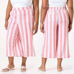 Plus Size 26/28W Cato Wide Leg Cropped Linen Coral Striped Beach Pants NWT